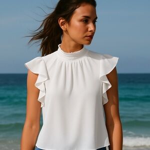 👚STATE White Ruffle Chiffon Boho Top Blouse XS 2 4 Romantic & Lightweight